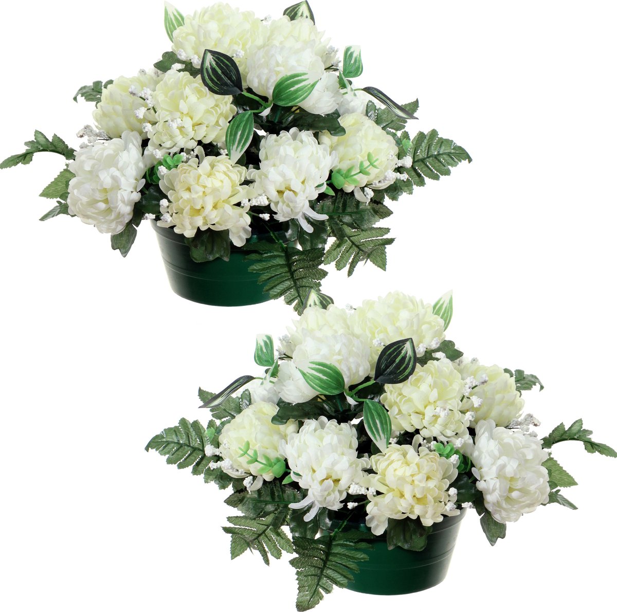 Louis Maes Kunstbloemen in pot - 2x - creme/wit - D30 x H24 cm - Bloemstuk ornament - crysanten met bladgroen