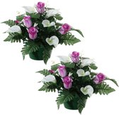 Louis Maes Kunstbloemen plantje in pot - 2x - wit/paars - 26 cm - Bloemstuk ornament - rozen met bladgroen