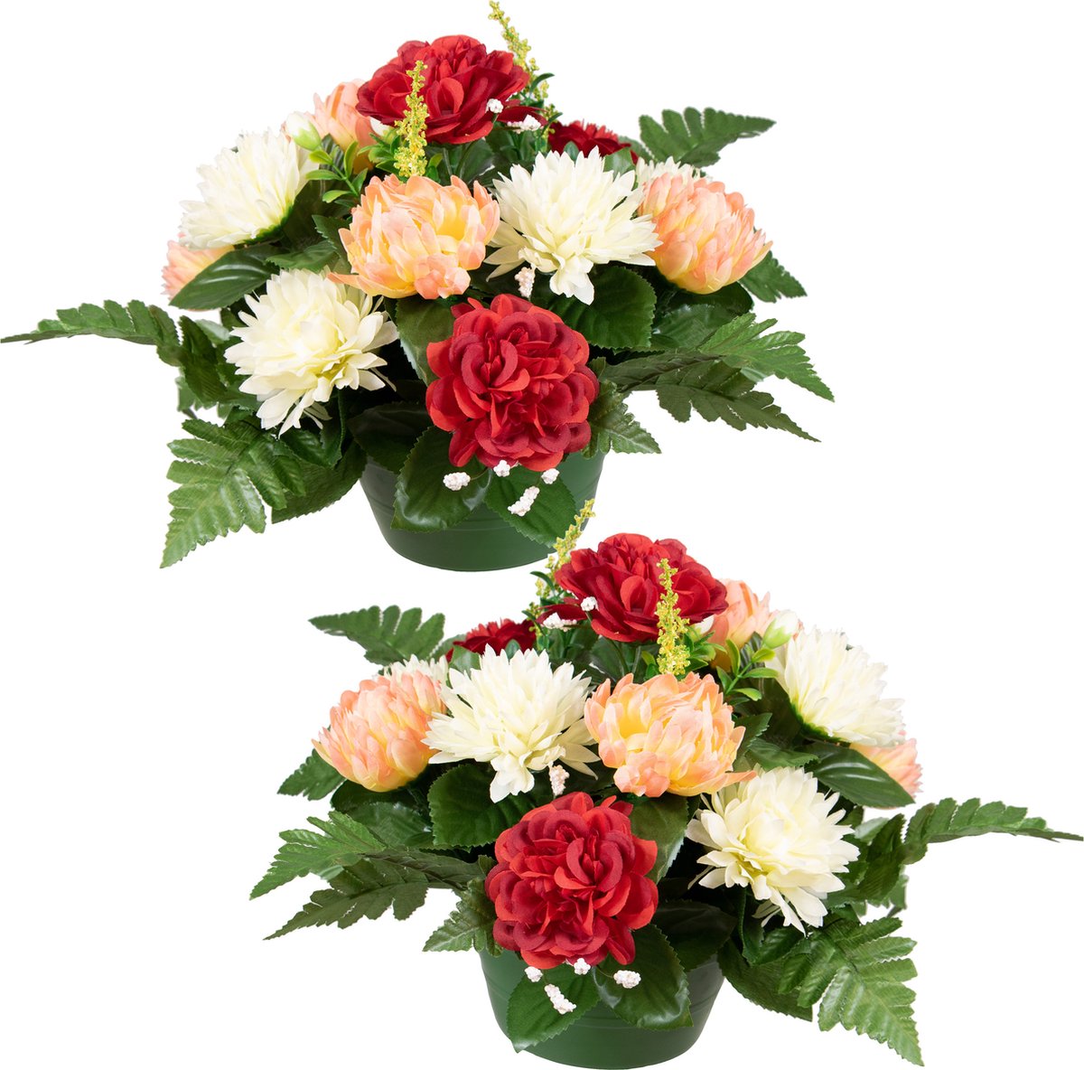 Louis Maes Kunstbloemen boeket crysanten in pot - 2x - kleurenmix - D30 x H24 cm - Bloemstuk - Bladgroen