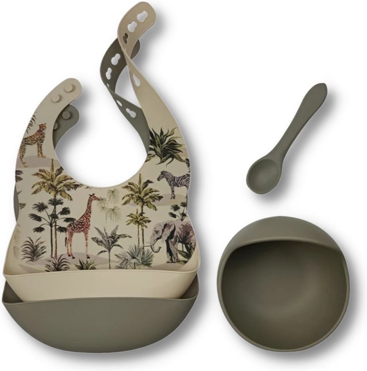 Goedkoopste Set siliconen slabbetjes kom met zuignap en lepel - Jungle salie