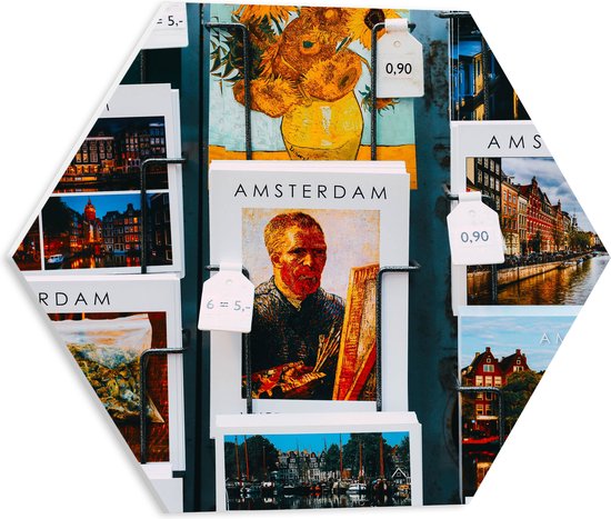 PVC Schuimplaat Hexagon - Amsterdamse Ansichtkaarten in het Rek - 40x34.8 cm Foto op Hexagon (Met Ophangsysteem)