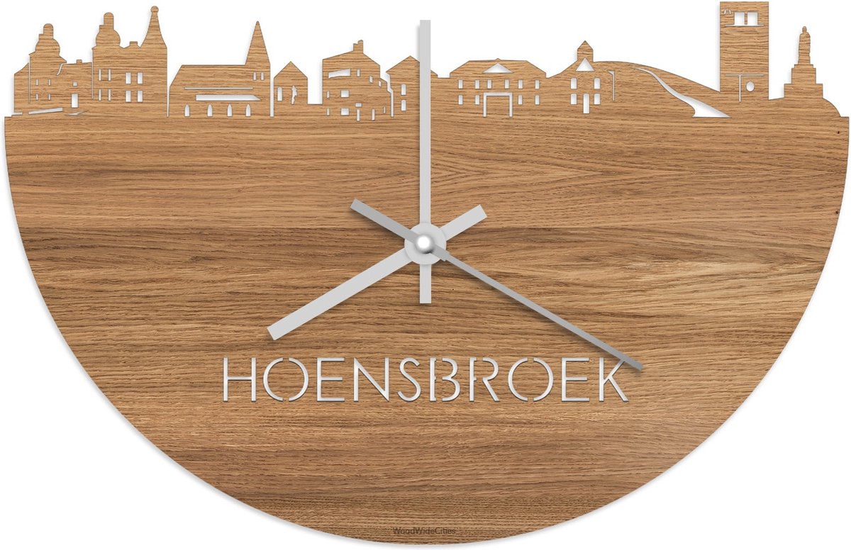 Skyline Klok Hoensbroek Eikenhout - Ø 40 cm - Stil uurwerk - Wanddecoratie - Meer steden beschikbaar - Woonkamer idee - Woondecoratie - City Art - Steden kunst - Cadeau voor hem - Cadeau voor haar - Jubileum - Trouwerij - Housewarming -