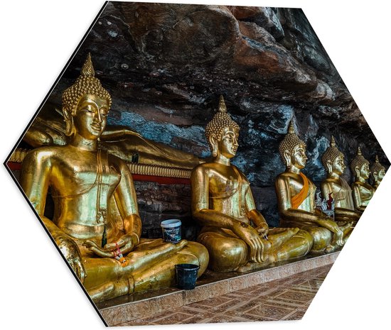 Dibond Hexagon - Rijen Gouden Boeddha's in Wat Tham Khuha Sawan Tempel in Thailand - 50x43.5 cm Foto op Hexagon (Met Ophangsysteem)