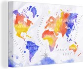 Canvas Wereldkaart - 60x40 - Wanddecoratie Wereldkaart - Waterverf - Rood - Blauw