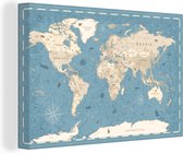 Canvas Wereldkaart - 30x20 - Wanddecoratie Wereldkaart - Vintage - Blauw