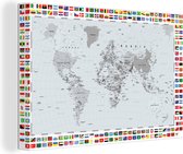 Canvas Wereldkaart - 90x60 - Wanddecoratie Wereldkaart - Vlag - Zwart - Wit