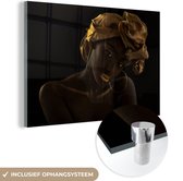 MuchoWow® Glasschilderij 120x80 cm - Schilderij acrylglas - Vrouwen - Hoofddoek - Goud - Luxe - Foto op glas - Schilderijen