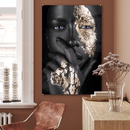 MuchoWow® Peinture sur Verre - Femme - Or - Zwart - Maquillage - Luxe - 80x120 cm - Peintures sur Verre Acrylique - Photo sur Glas