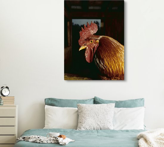 Canvas schilderij 120x160 cm - Wanddecoratie Goudbruine haan in een schuur - Muurdecoratie woonkamer - Slaapkamer decoratie - Kamer accessoires - Schilderijen