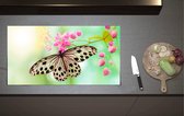 Inductieplaat Beschermer - Vlinder met Doorzichtige Vleugels op Tak Vol Roze Bloemen - 90x52 cm - 2 mm Dik - Inductie Beschermer van Vinyl