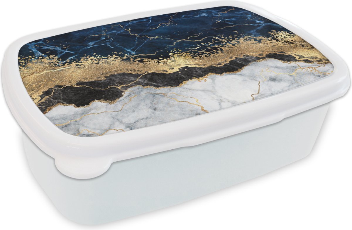 Broodtrommel Wit - Lunchbox - Brooddoos - Marmer - Wit - Goud - Luxe - 18x12x6 cm - Volwassenen