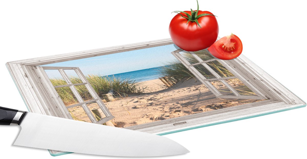 Glazen Snijplank - 28x20 - Doorkijk - Strand - Zee - Duinen - Zand - Water - Helmgras - Snijplanken Glas