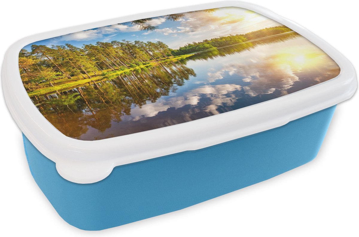 Broodtrommel Blauw - Lunchbox - Brooddoos - Zon - Water - Bomen - 18x12x6 cm - Kinderen - Jongen