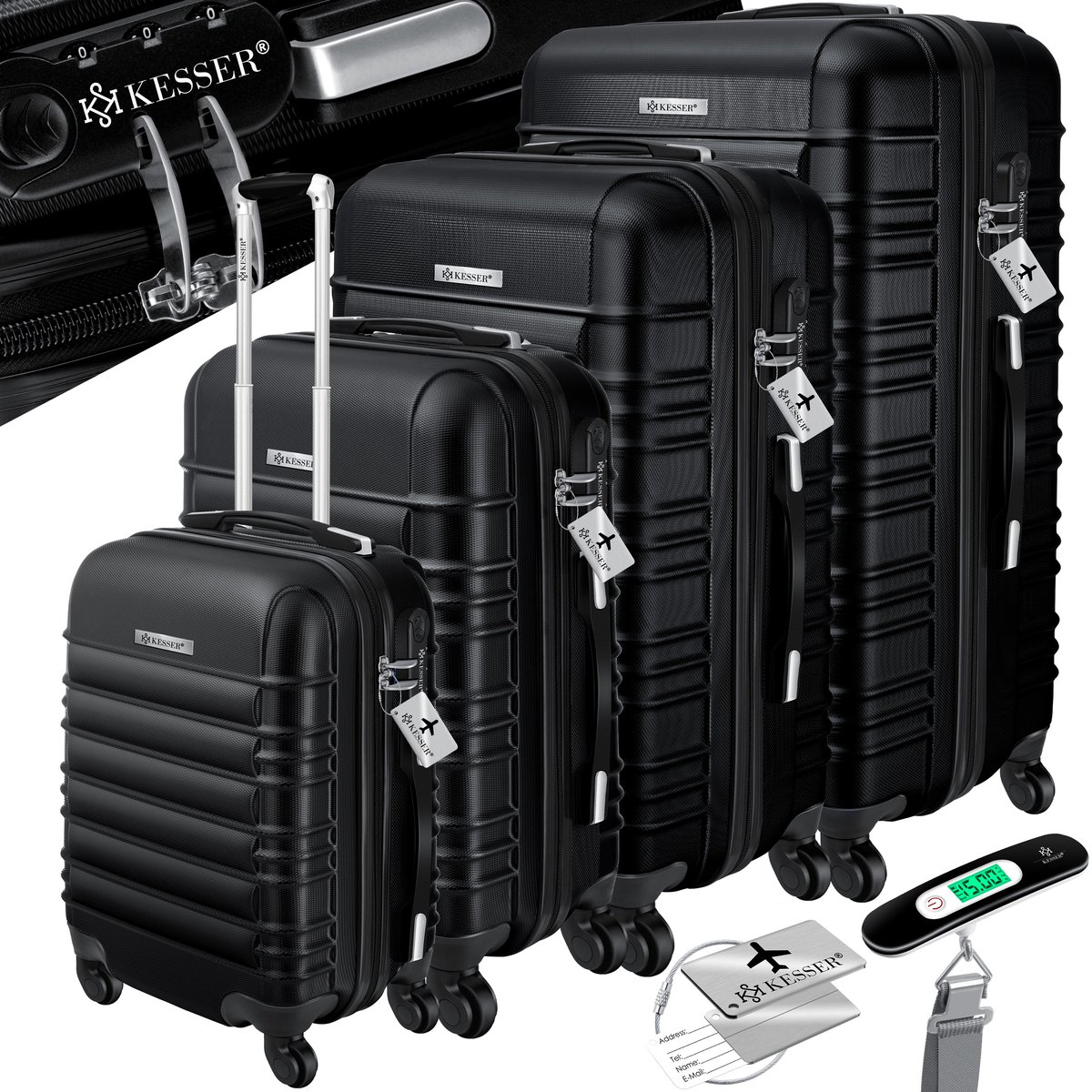 KESSER® 4x Koffer, reiskofferset, trolley koffer, incl. bagageweegschaal + bagagelabel rollend kofferslot, 4 wielen ABS, harde schaal telescoopgreep S-M-L-XL - Zwart
