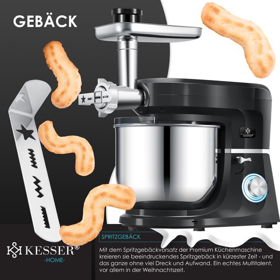 KESSER® 3 in 1 Keukenmachine Foodprocessor - Keukenmixer - Keukenrobotor K-KM 3000 met Kneder Multifunctionele Mixer 5,5 L Kom met 3 Menggereedschappen 1,5 L Sapcentrifuge Worstset Pasta & Koekjesvormen - Zwart van KESSER® — afbeelding 2