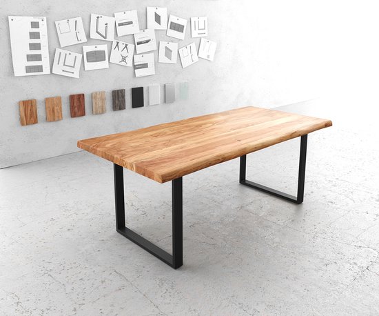 Table de salle à manger Classic- Edge acacia nature 200x100 Structure métal noir étroit