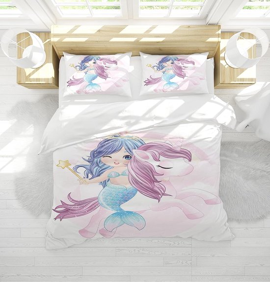 AVJWWD Eenhoorn beddengoedset voor kinderen, microvezel beddengoed, cartoon, eenhoorn, 3D-bedrukt, 3-delig met ritssluiting, zacht meisjes beddengoed (200 x 200 cm, H