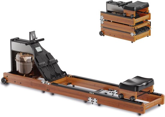 Roeimachine met houten frame, zwart zadel en display. Inclusief compact opgevouwen versie.