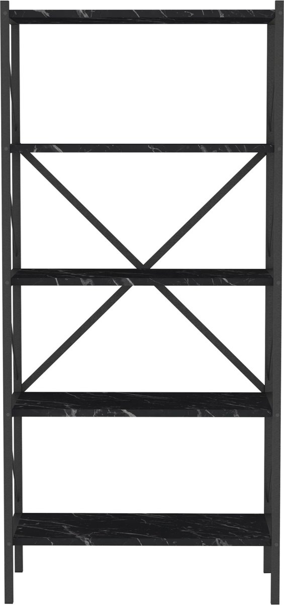 Boekenkast Plank Carrie - 160x66x34cm - Marmer Zwart en Antraciet - Spaanplaat en Metaal - Met Planken - Modern Design