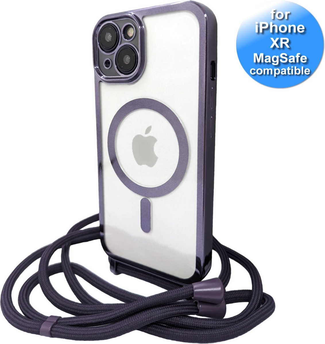 Hoesje met Koord geschikt voor de iPhone Xr- met sterke magneetring geschikt voor MagSafe laders - extra Lens bescherming - Transparant met Paars