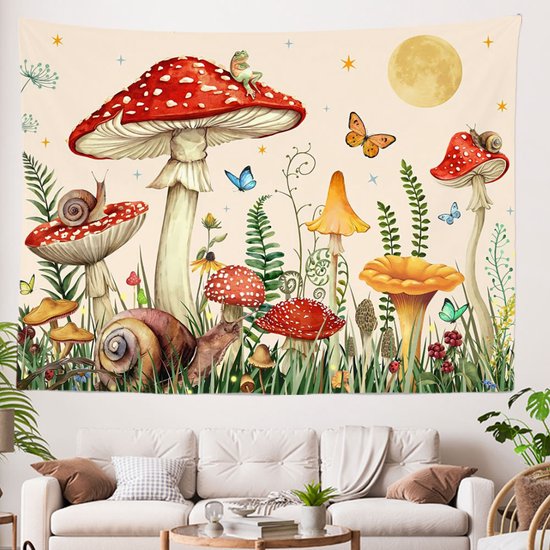 Ulticool - Chambre Enfant Champignon Papillon Escargot - Tapisserie Murale - 200x150 cm - Groot Tapisserie - Poster - Beige Rouge Jaune Vert