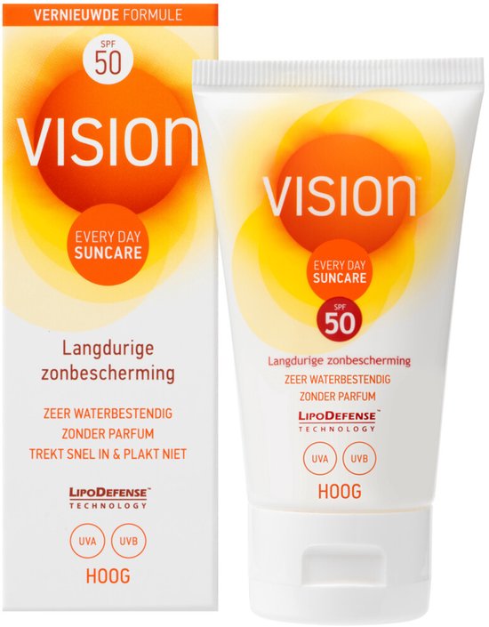 Vision Every Day Suncare SPF 50 zonnebrandcrème met Lipodfense Technology, langdurig en waterbestendig.