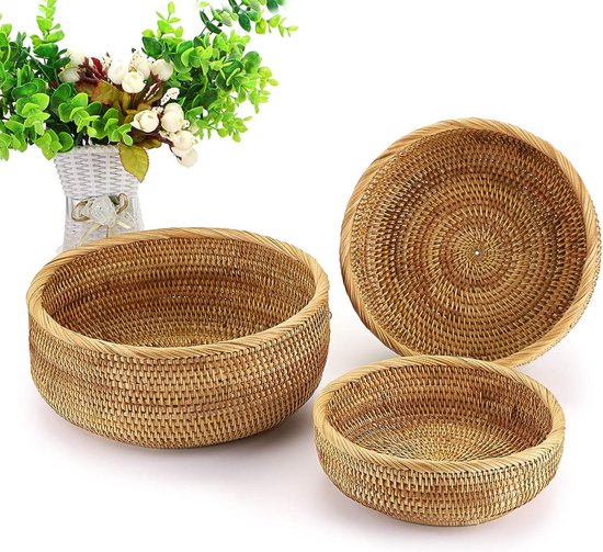 Handgemaakte Rotan Ronde Fruit Mand Voedsel Opslag Kommen Keuken Organizer Snack Serving Bowl Rieten Broodmand (Medium