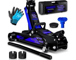 MASKO® krik hydraulische vlakke hefhoogte garagekrik + 2x rubber pads + handschoenen autokrik rangeerkrik hydraulische 360° rollen auto krik onder standaard - 2.5 Ton - Blauw