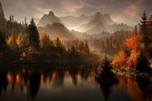 Fotobehang Ai Generated Image Of A Beautiful Landscape With Autumn Forest, A Lake And Hills - Vliesbehang - 360 x 240 cm
