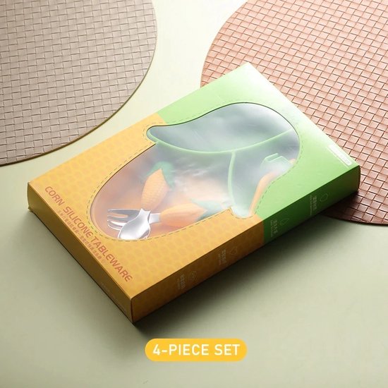 Kinderservies Mais Set van 4 voor Kinderen - Bord/Lepel/Vork/Slabbetje - BPAVRIJ Anti slip Ftalaatvrij - Baby servies - Kinderservies - Kinderbord - Magnetron - Vaatwasser van Kinder — afbeelding 2