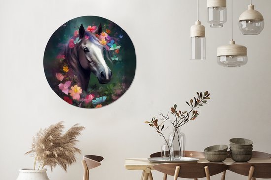 WallCircle - Wandcirkel paard - Bloemen - Roze - Natuur - Wanddecoratie woonkamer - Muurcirkel binnen - Wandbord rond - Ronde schilderijen - 90x90 cm - Ronde muurdecoratie - Cirkel schilderij - Schilderij rond