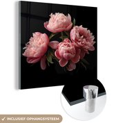 MuchoWow® Glasschilderij 50x50 cm - Schilderij acrylglas - Bloemen - Pioenroos - Roze - Botanisch - Natuur - Foto op glas - Schilderijen
