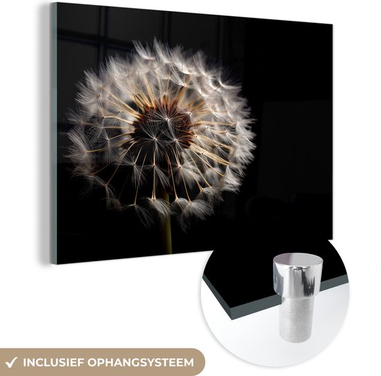 MuchoWow® Glasschilderij 180x120 cm - Schilderij acrylglas - Bloemen - Natuur - Paardenbloem - Zwart - Portret - Foto op glas - Schilderijen