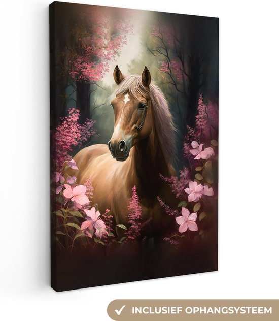 Canvas Schilderij Paard - Bloemen - Roze - Natuur - Bos - 80x120 cm - Wanddecoratie
