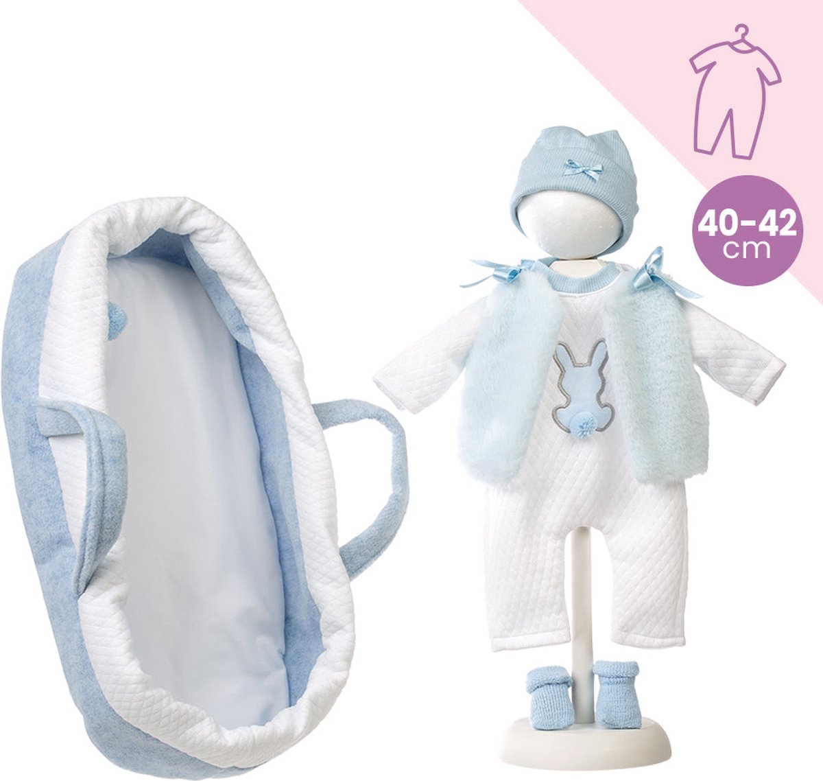 Llorens poppenkledingset met reiswieg blauw wit voor pop 40 - 42 cm