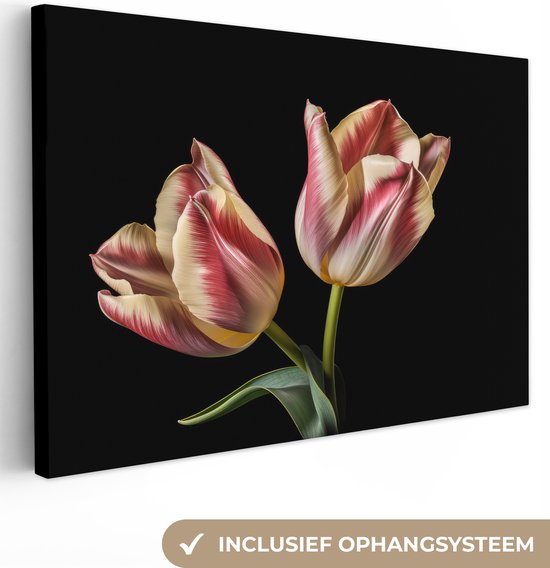 Canvas Schilderij Tulpen - Bloemen - Roze - Wit - Natuur - 120x80 cm - Wanddecoratie
