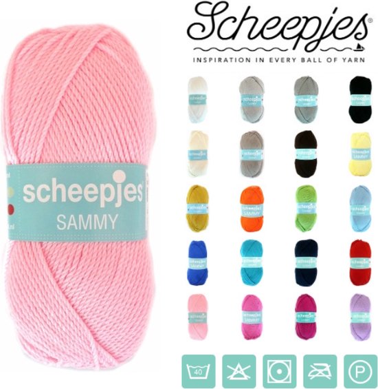 Pelote de fil Scheepjes Sammy rose bébé. Plusieurs couleurs de fil visibles.