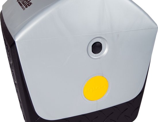 Detail van de zilverkleurige bovenkant van de koelbox met 'Playmate Igloo' logo en gele cirkel.
