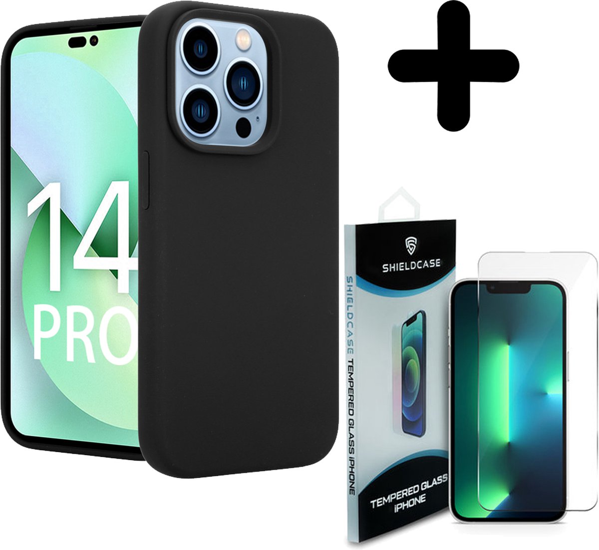 Coverzs Luxe Liquid Silicone case geschikt voor iPhone 14 Pro (zwart) + ShieldCase screenprotector - beschermglas iPhone bescherming - iPhone case bescherm hoesje + Screenprotector