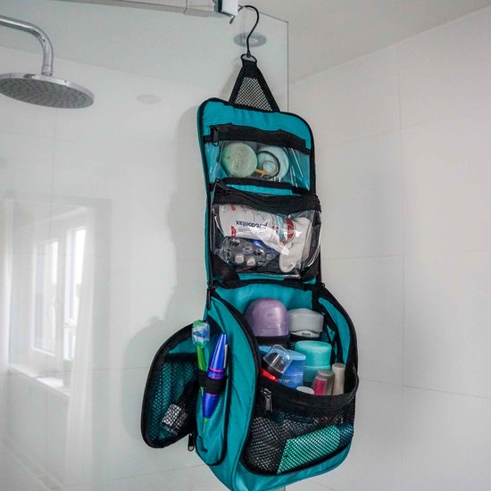 Toilettas met haak 360 - Reismonkey - Turquoise - Hangend - Dames en heren - Waterdicht - Draaibare XL haak