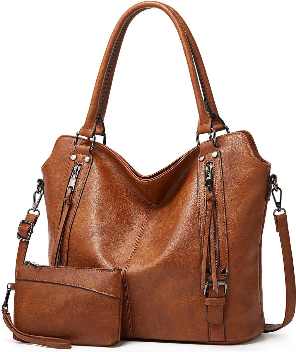 TANTOMI - Dames Schoudertassen set met Portemonnee - Schoudertas - Grote Shopper - Tweedelige - Bruin - Valentijn cadeautje voor haar