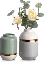 Moderne keramische vaas in lichtgrijs/lichtgroen, set van 2 vazen ​​voor eucalyptus/bloemen, vergulde geglazuurde bloemenvazen ​​voor huis, woonkamer, slaapkamer en schoorsteenmantel, 15,5/19 cm