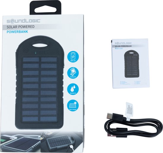 Verpakking van Soundlogic zonnepaneel powerbank met handleiding en kabel.