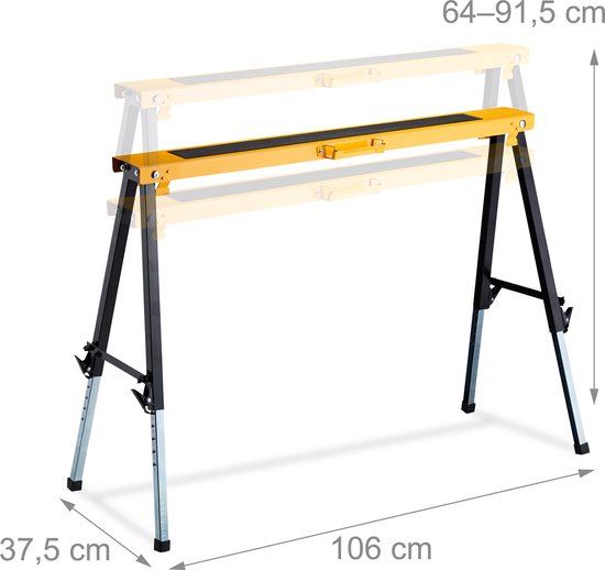 Een oranje-zwarte schraag, 106 cm breed en 64-91,5 cm hoog, met een werkblad van 37,5 cm diep.