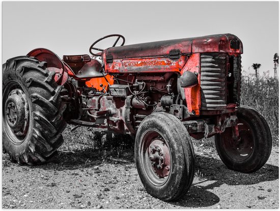 Poster Glanzend – Oude Verroeste Zwart-witte Tractor in het Weiland met Rode Details - 40x30 cm Foto op Posterpapier met Glanzende Afwerking