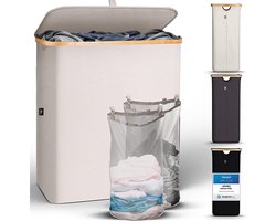 HENNEZ Wasmand met deksel van 140L opvouwbaar met scheiding en een bamboe frame - inclusief waszak - beige