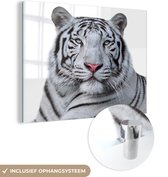 MuchoWow® Glasschilderij 160x120 cm - Schilderij acrylglas - Tijger - Wit - Dieren - Foto op glas - Schilderijen