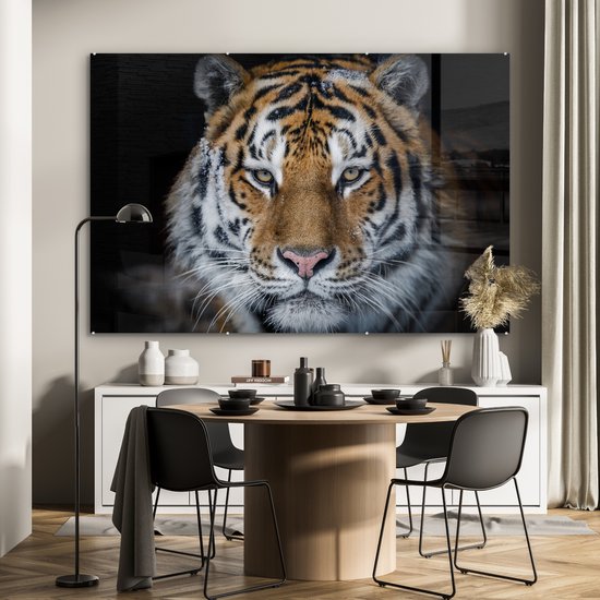 MuchoWow® Peinture sur verre 150x100 cm - Peinture acrylique sur verre - Tigre - Neige - Zwart - Photo sur verre - Peintures
