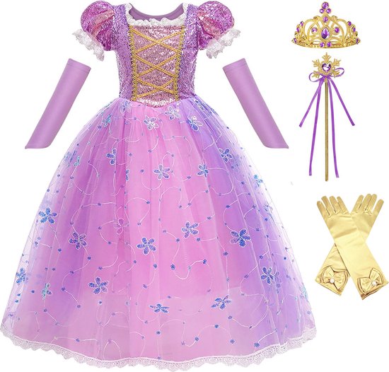 Het Betere Merk - Prinsessenjurk meisje - Maat 134/140 (140) - Verkleedkleren - Carnavalskleding - Prinsessen verkleedkleding - Kroon - Toverstaf lint - Goudkleurige prinsessenhandschoenen