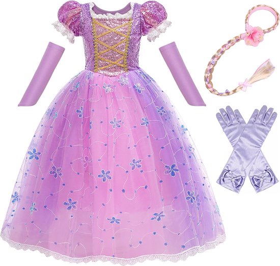 Prinsessenjurk meisje - Maat 134/140 (140) - Het Betere Merk - Verkleedkleren - Carnavalskleding - Prinsessen verkleedkleding - Lange handschoenen - Paars - Haarband met vlecht - Kleed - Prinsessen speelgoed - Verjaardag meisje